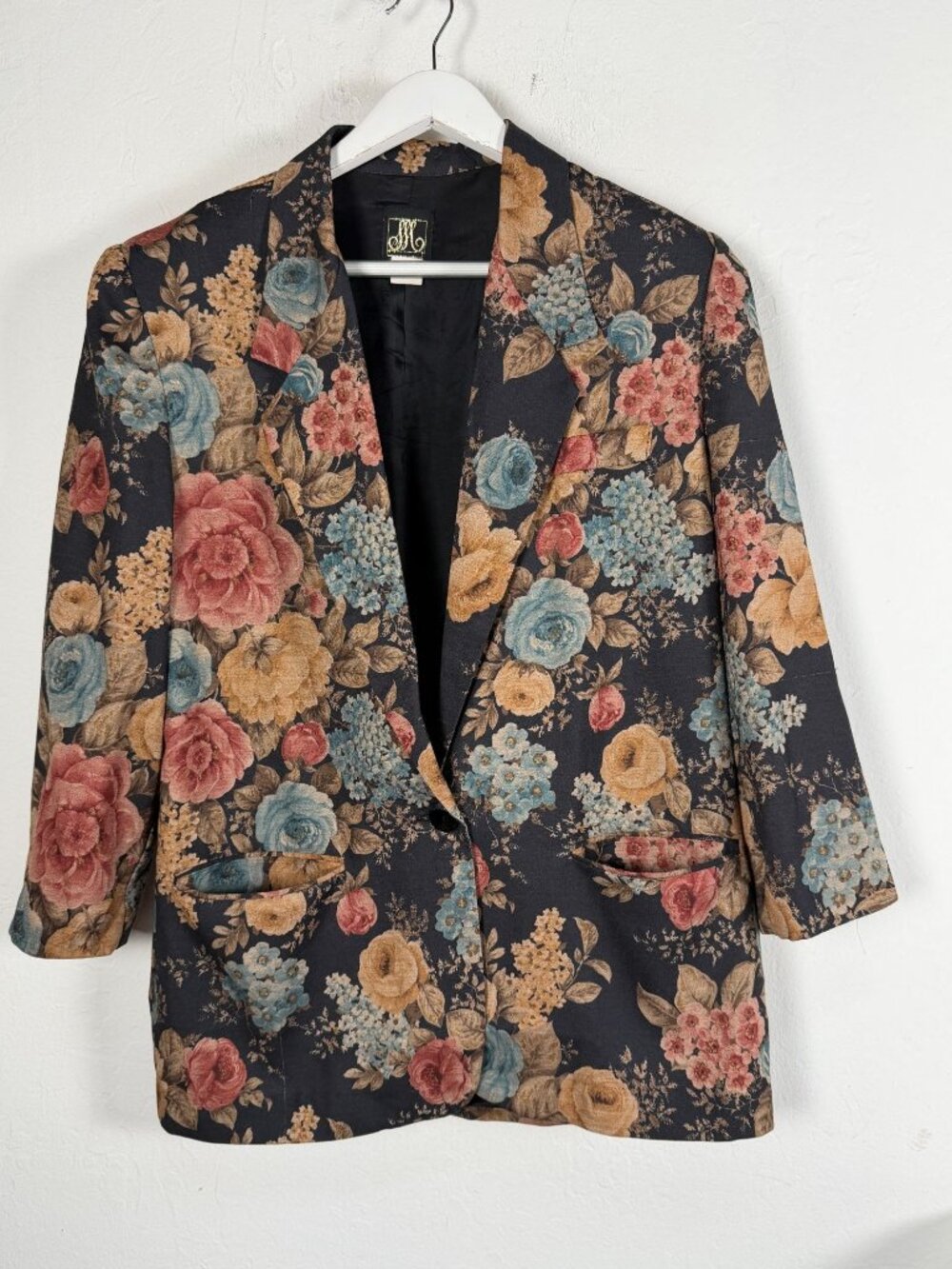 Vintage San Moiré Womens Black Floral Rose Print Blazer Jacket Size 8 USA Made